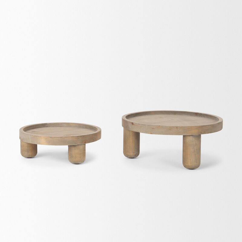 HomeRoots Set of Two Gray And Natural Solid Wood Handmade Round Risers image number 4