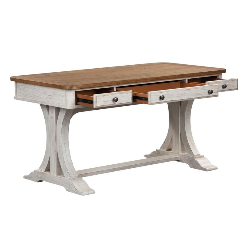 Liberty Furniture Farmhouse Reimagined Writing Desk with 3 Drawers, Trestle Base, Antique White & Chestnut Two-Tone Finish image number 3