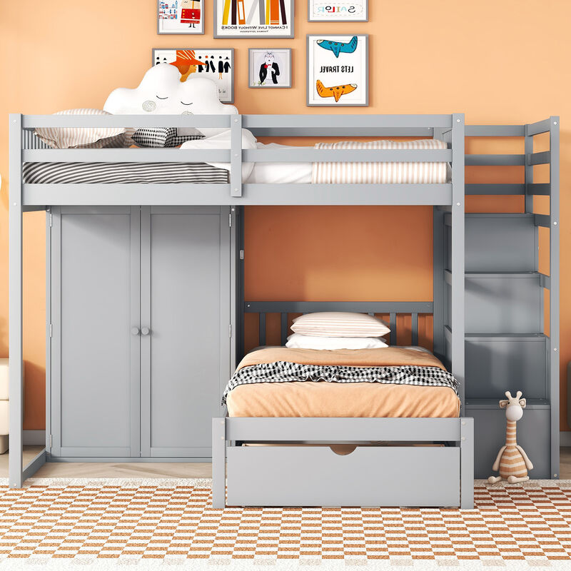Whisen Full Over Twin Bunk Bed with Wardrobe, Drawers