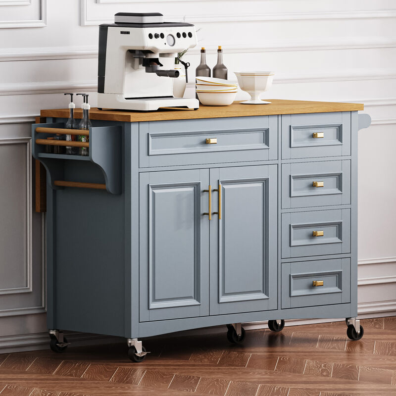 Whisen 52" Kitchen Island with Drop Leaf, 5 Drawers & 2 Doors, MDF & Oak Veneer, Retro Farmhouse Style for Kitchen image number 6
