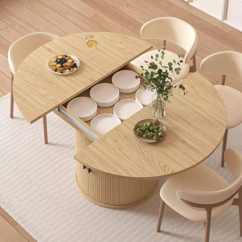 63" Extendable Round Kitchen Dining Room Table with 2-Tier Storage Shelf, with Pedestal Base