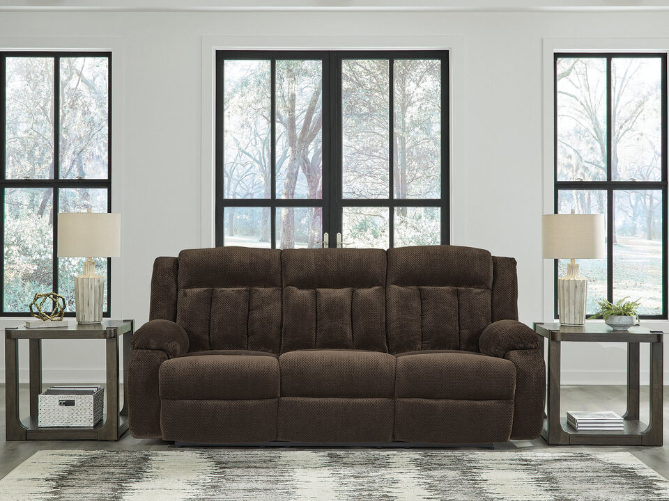 Greely Bend Power Reclining Sofa with Drop Down Table in Brown