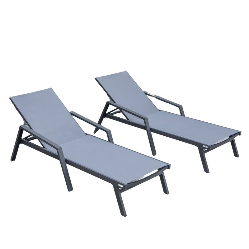 LeisureMod Marlin Poolside Outdoor Patio Lawn and Garden Modern Powder Coated Aluminum Frame Suntan Sling Chaise Lounge Chair with Armrests, Set of 2
