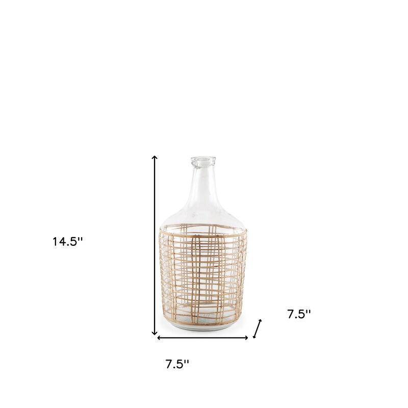 HomeRoots 15" Clear And Natural Glass Round Floor Vase With Wrapped Rattan image number 3