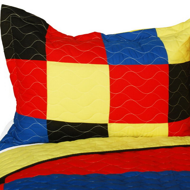 3PC Queen Size Quilt Set with Vermicelli Stitching and Soft Printed Fabric-Blue image number 2