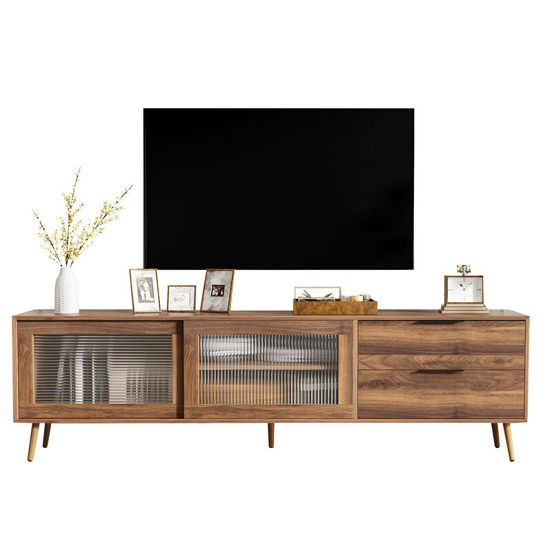 Modern TV Stand with 2 Glass Doors, Drawers & Storage Cabinet for Living Room