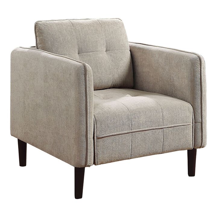 Hak 33 Inch Accent Chair, Rounded Arms, Biscuit Tufting, Wood Legs, Taupe-Benzara