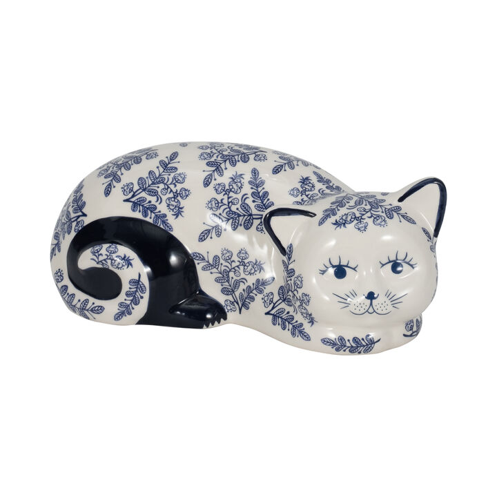 Cer, 9" Sleeping Chinoiserie Cat, Blue/white