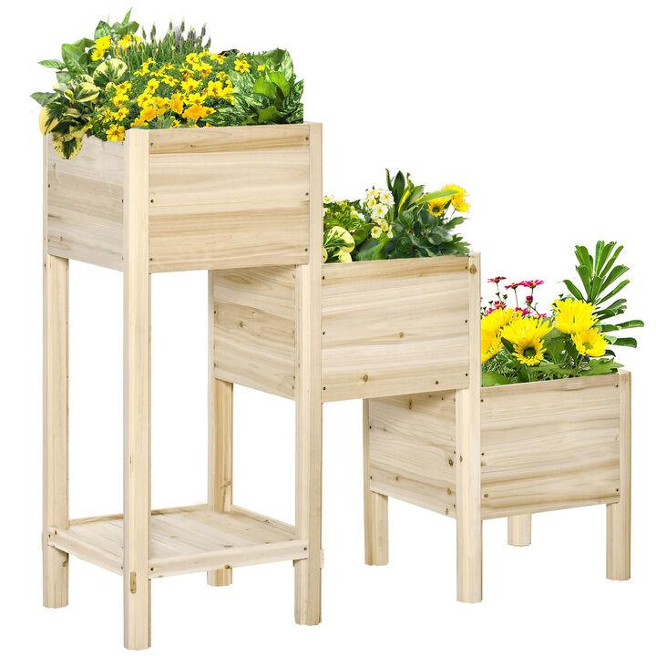 Outsunny 3-Tier Raised Garden Bed with Storage Shelf, Wooded Elevated Planter Boxes, Plant Stand, for Vegetables, Herb and Flowers