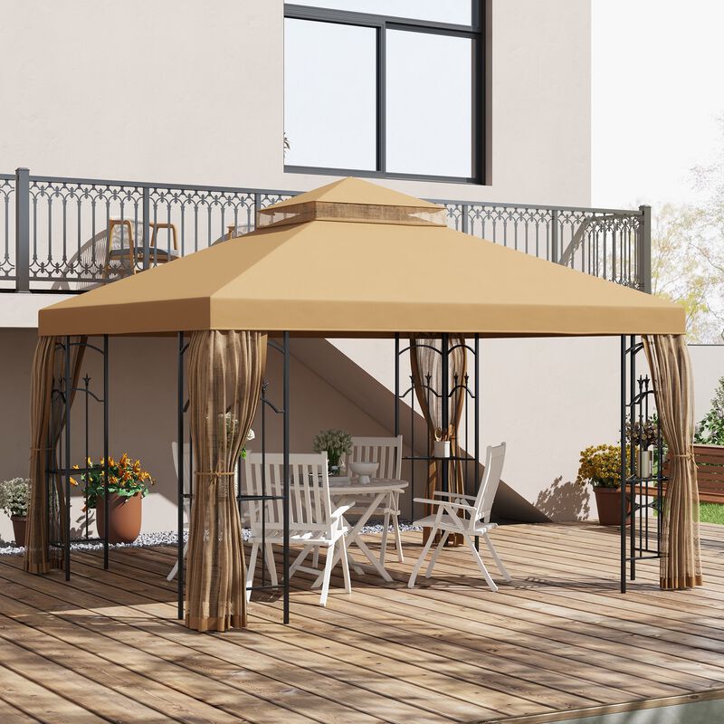 Outsunny 10' x 10' Patio Gazebo with Corner Frame Shelves, Double Roof Outdoor Gazebo Canopy Shelter with Netting, for Patio, Wedding, Catering & Events, Brown