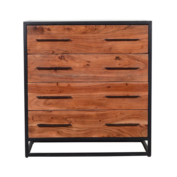 Handmade Dresser with Grain Details and 4 Drawers, Brown and Black-Benzara