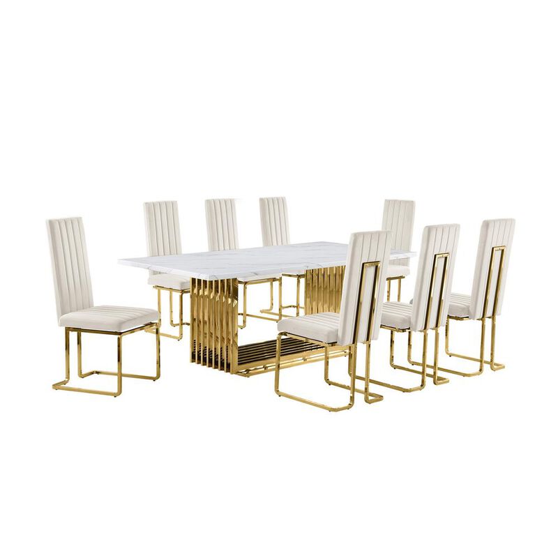 9pc Large(79") marble top dining set with gold base and 8 cream side chairs