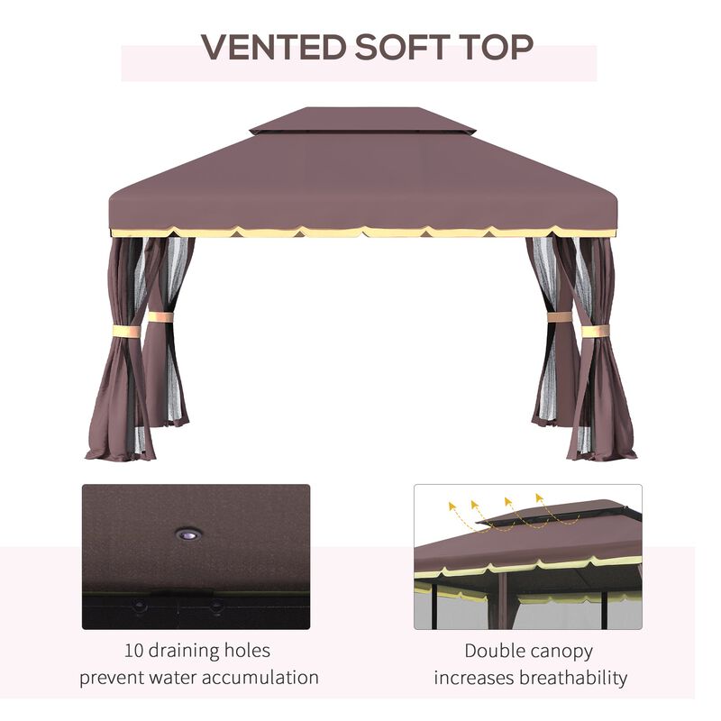 Coffee-Colored Haven: 10'x13' Patio Gazebo with Vented 2-Tier Roof & Mesh Walls