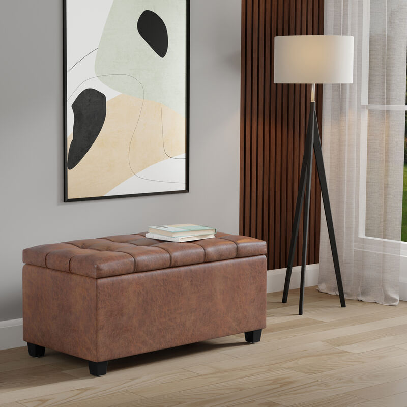 Sienna 33 inch Wide Transitional Rectangle Storage Ottoman Bench in Distressed Saddle Brown Vegan Faux Leather, Assembled image number 2