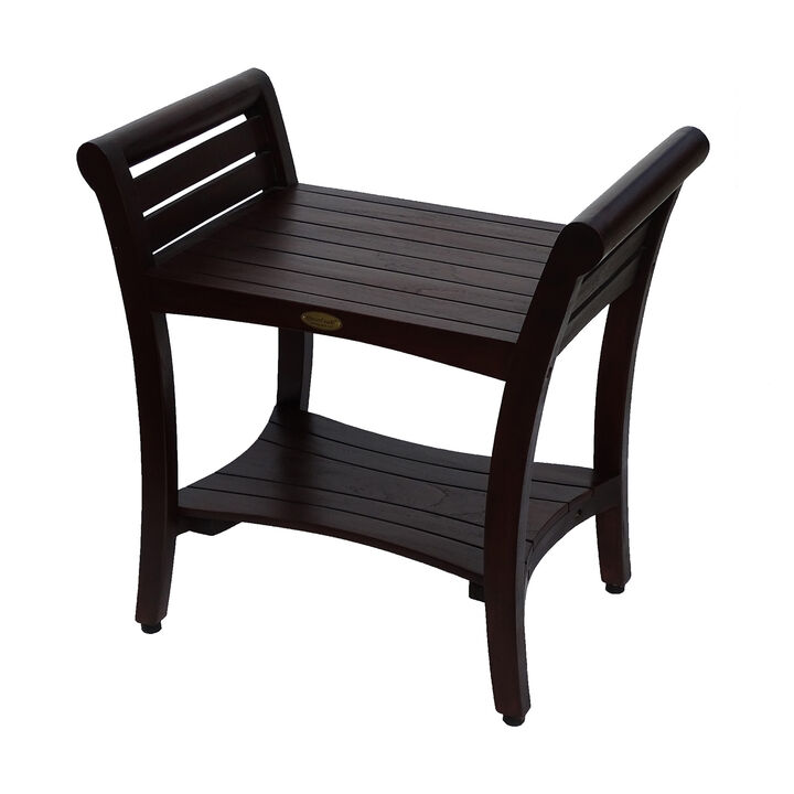DecoTeak Symmetry 24" Teak Wood Shower Bench with Shelf and LiftAide Arms in Woodland Brown Finish