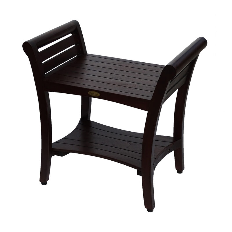 DecoTeak Symmetry 24" Teak Wood Shower Bench with Shelf and LiftAide Arms in Woodland Brown Finish