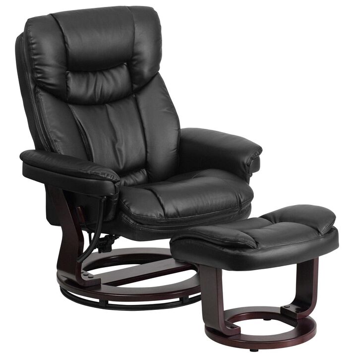 Flash Furniture Allie Contemporary Multi-Position Recliner and Curved Ottoman with Swivel Mahogany Wood Base in Black LeatherSoft