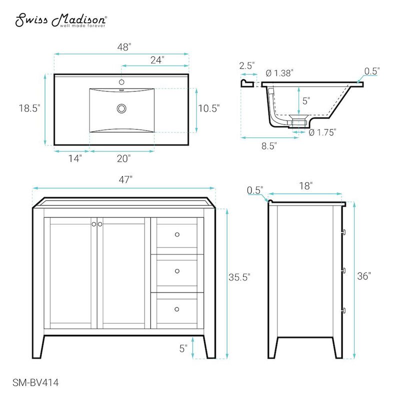 Cannes 48 Single, Two Doors, Three Drawers, Bathroom Vanity image number 6