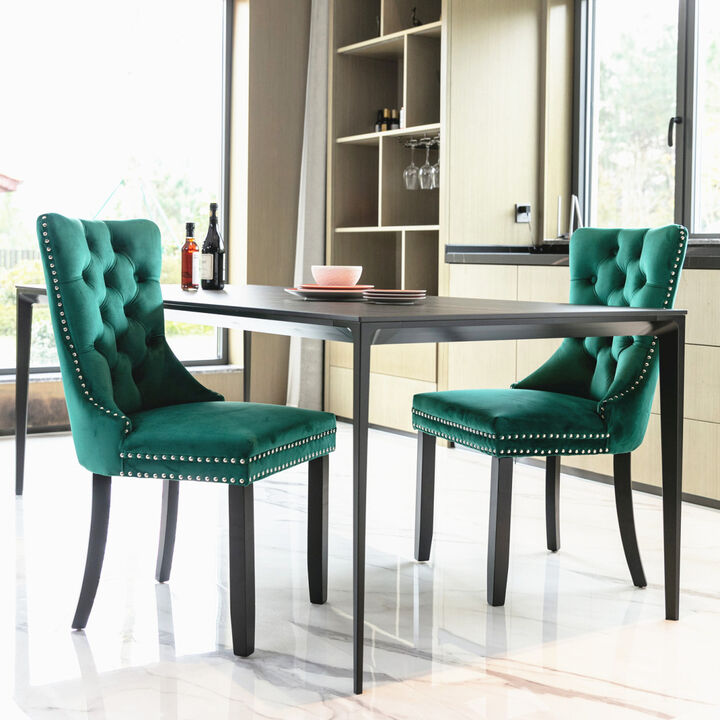 Modern, High-end Tufted Solid Wood Contemporary Velvet Upholstered Dining Chair with Wood Legs Nailhead Trim 2-Pcs Set, Green