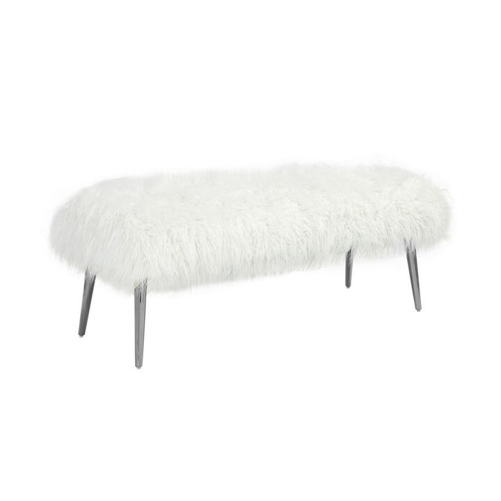Ammy 45 Inch Bench with Foam Fill Seat, White Faux Fur, Silver Metal Legs - Benzara