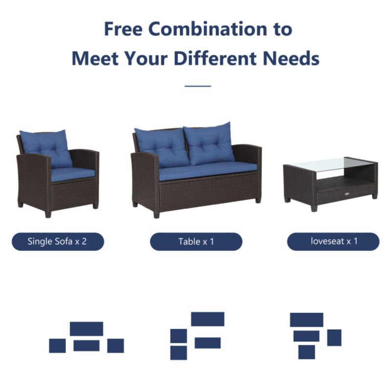 Hivvago 4 Pieces Patio Rattan Furniture Set with Tempered Glass Coffee Table