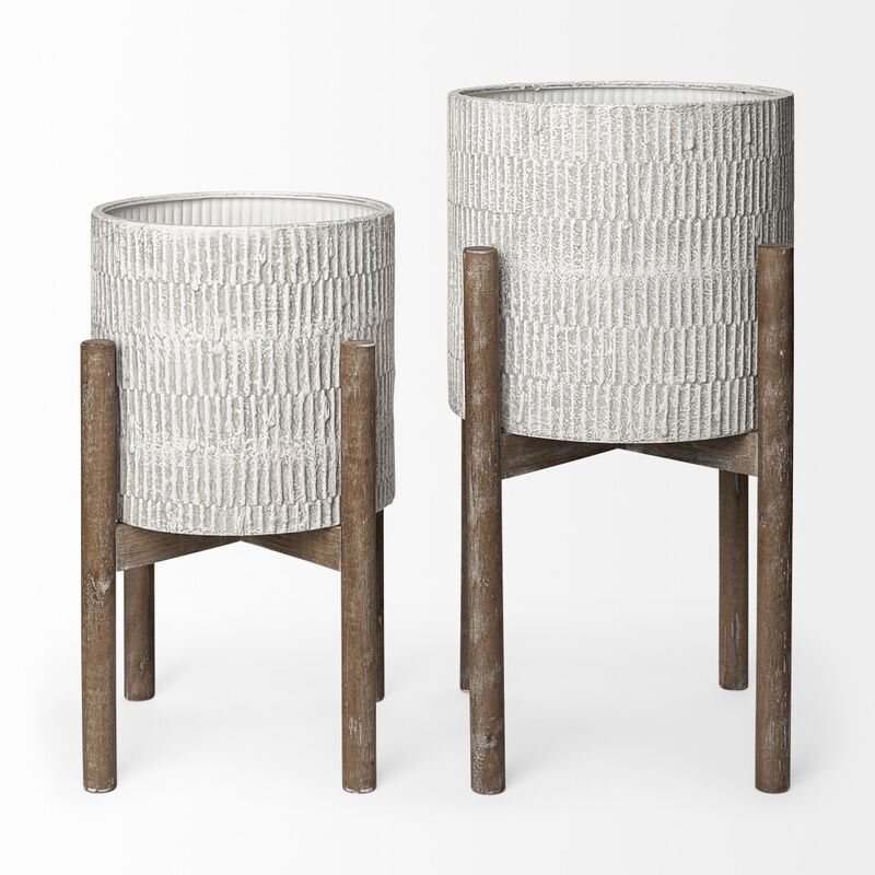 HomeRoots Set of Two Cream And Brown Ceramic And Wood Round Elevated Planters image number 3
