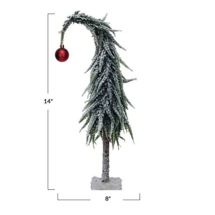 Faux Evergreen Tree with Wood Base and Snow Finish, Green and Red