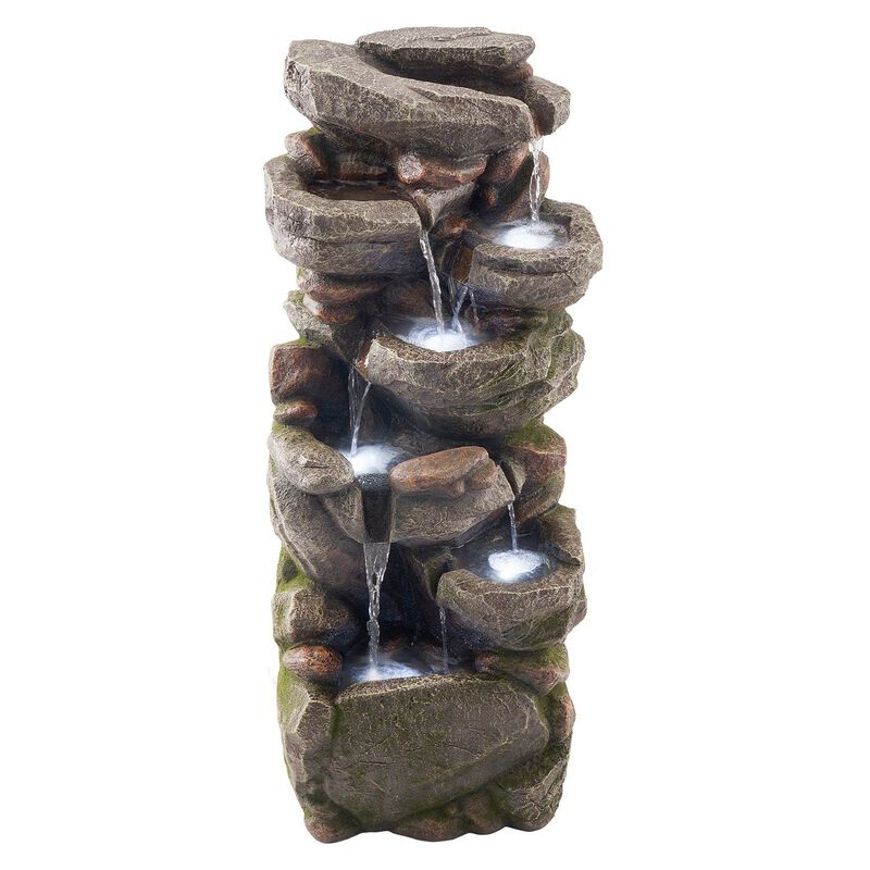 7-Tier Outdoor Water Fountain with LED Light, Rock Cascading Design for Garden Patio image number 9