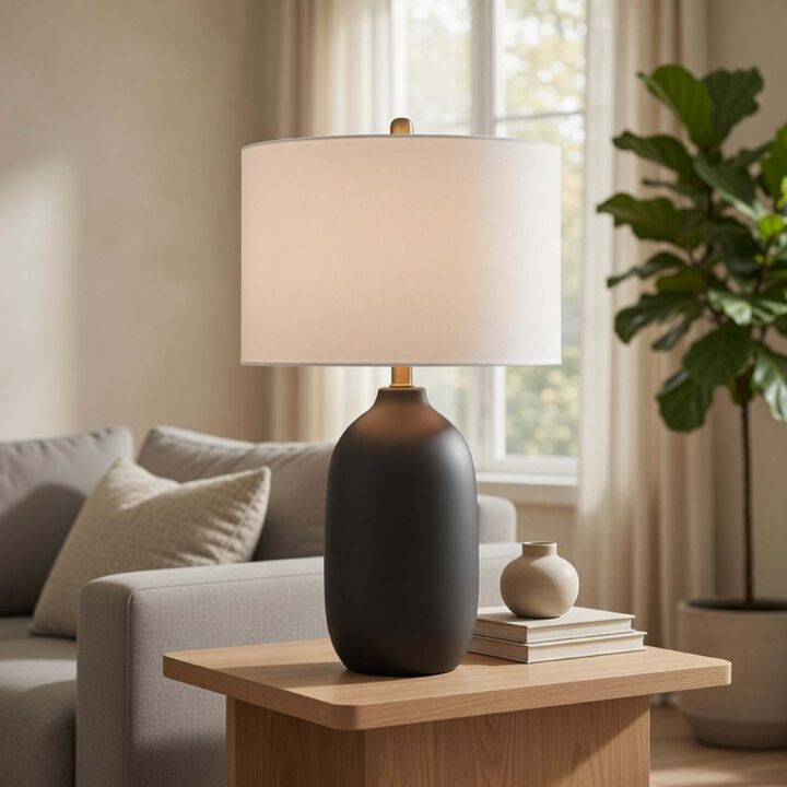 Table Lamp, White Drum Shade, 26 Inch Hotel Quality Black Ceramic Base