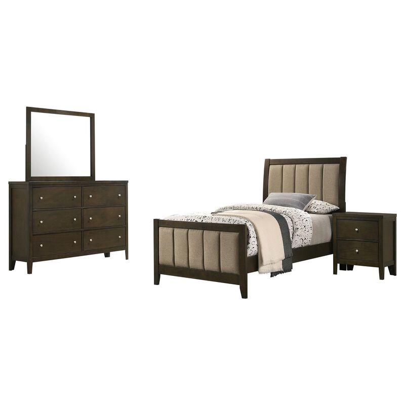 Wily 4pc Twin Size Bedroom Set, Dresser Mirror, Dark Brown Upholstery - Benzara