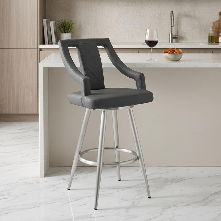 HomeRoots 25" Gray and Silver Faux Leather and Iron Counter Height Swivel Bar Chair
