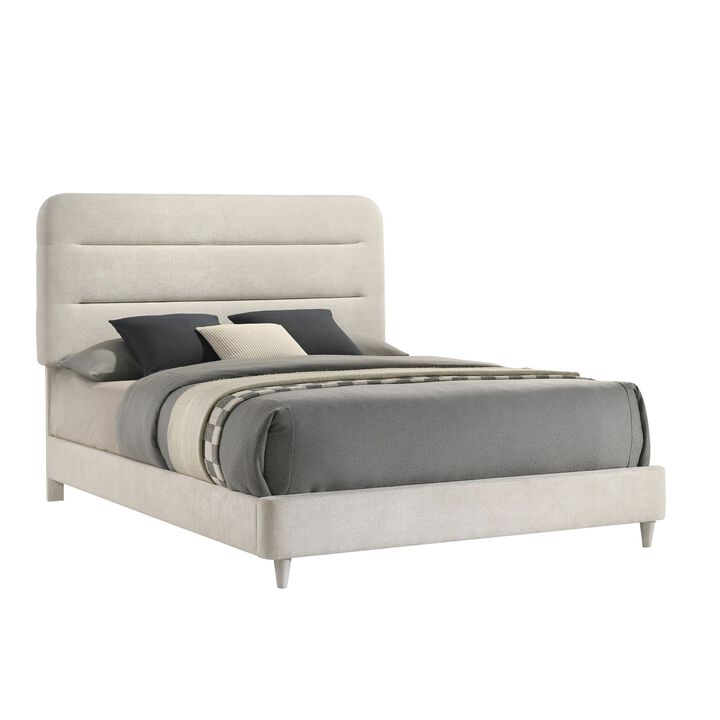 Meni Queen Size Bed, Scandinavian White Upholstery, Panel Headboard