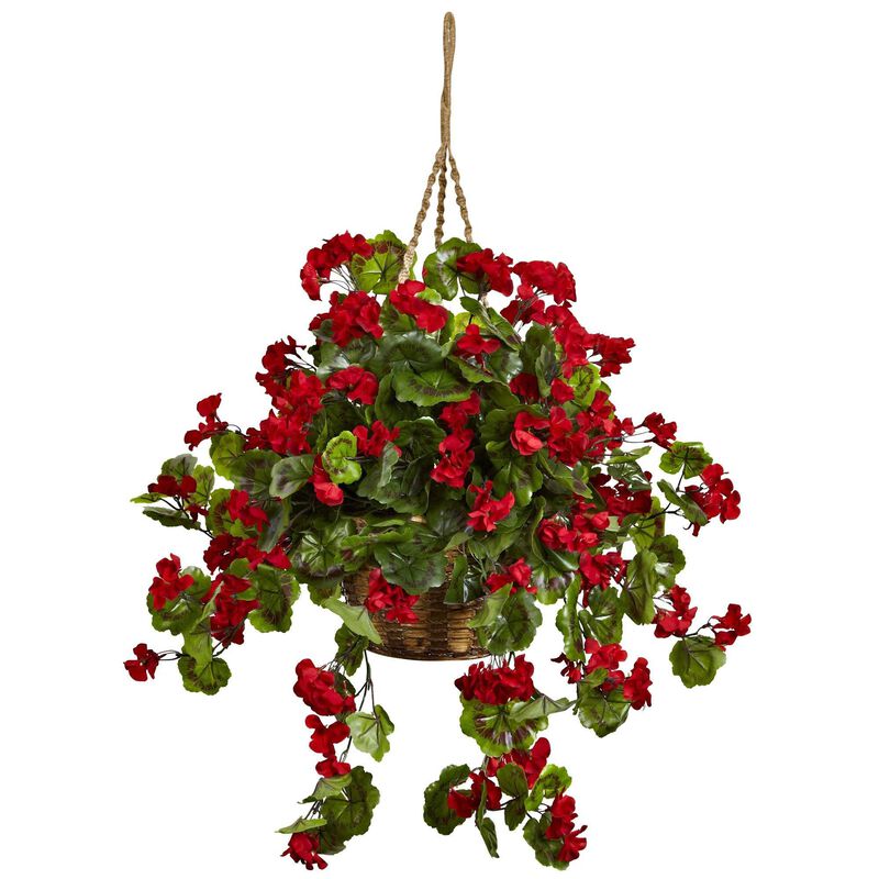 Nearly Natural Geranium Hanging Basket UV Resistant (Indoor/Outdoor) Red