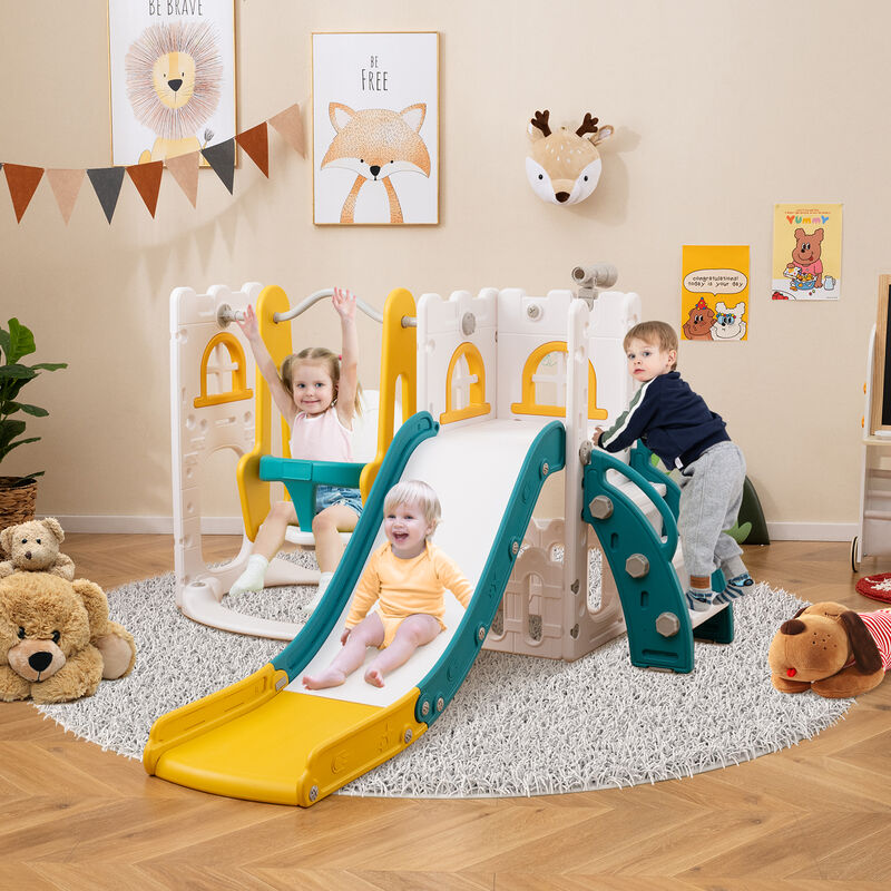 L Shaped 7 in 1 Toddler Swing Set with Slide, Ladder and Basketball Hoop image number 1