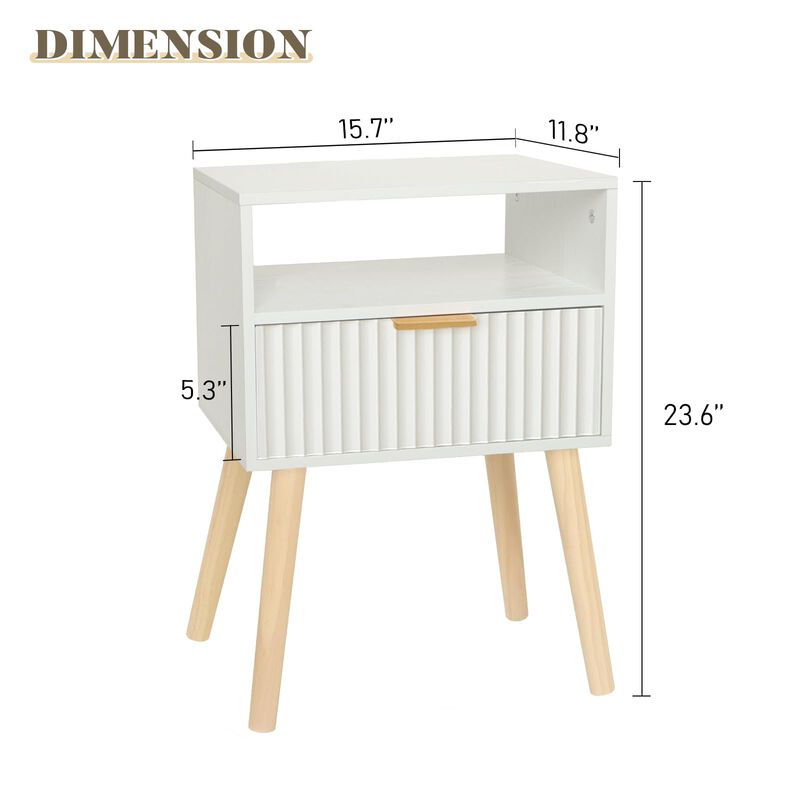 Fultyle Night Stand, White Bedside Table with Drawers and Open Shelf, Fluted Nightstand with Solid Wood Legs for Bedroom, Side T