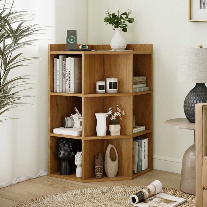 Space Saving Corner Cabinet with Charging Station and 3 Tier Storage for Bedroom-Natural