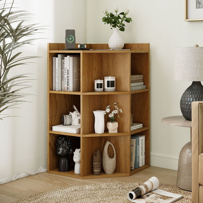 Space Saving Corner Cabinet with Charging Station and 3 Tier Storage for Bedroom-Natural image number 1