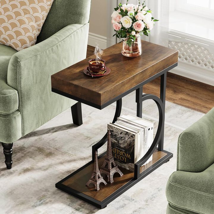 Tribesigns Narrow C Table, Modern End Table and Bedside Table with Metal Frame, Faux Marble Side Table for Living Room and Bedroom, Small Sofa Table, Brown and Black, Holds 22 lb