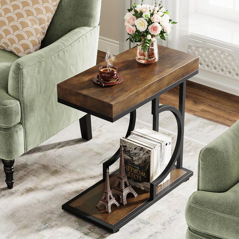 Tribesigns Narrow C Table, Modern End Table and Bedside Table with Metal Frame, Faux Marble Side Table for Living Room and Bedroom, Small Sofa Table, Brown and Black, Holds 22 lb image number 1