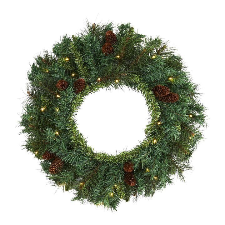 Nearly Natural 20-in Mixed Pine and Pinecone Artificial Christmas Wreath with 35 Clear LED Lights