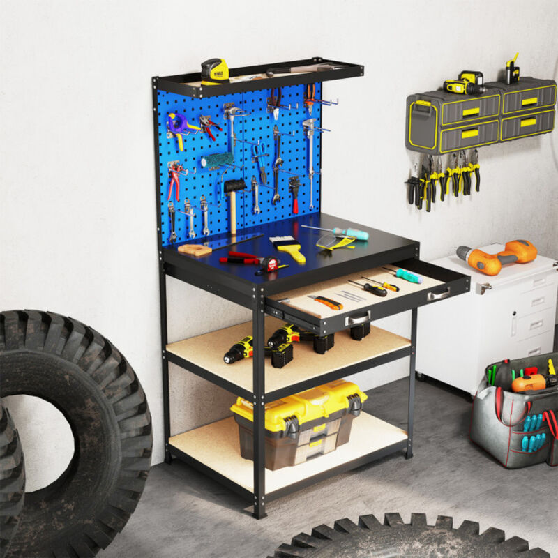 Workbench Work Table with 2 PCs Pegboard Drawer and Shelves