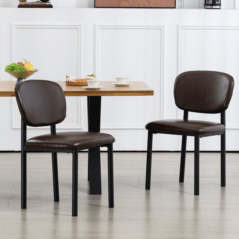 Glamour Home Set of 2 Dark Brown Faux Leather Upholstered Dining Chair Black Iron Legs