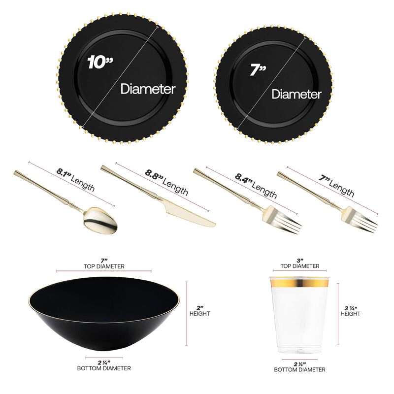 Black with Gold Pearl String Round Plastic Tableware Set (60 Sets) image number 4