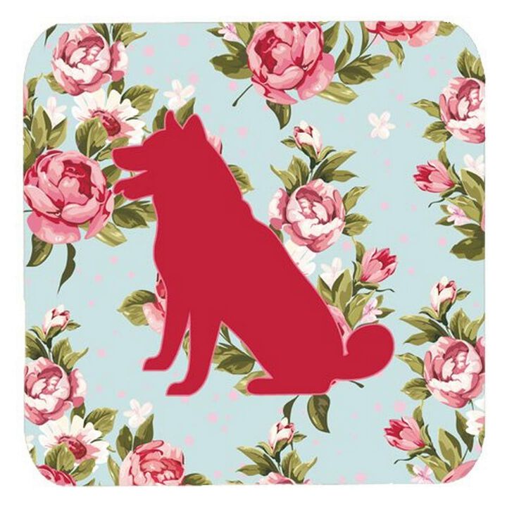 Caroline's Treasures BB1113-RS-BU-FC Shiba Inu Shabby Chic Blue Roses Foam Coasters (Set of 4), 3.5 H x 3.5 W, Multicolor