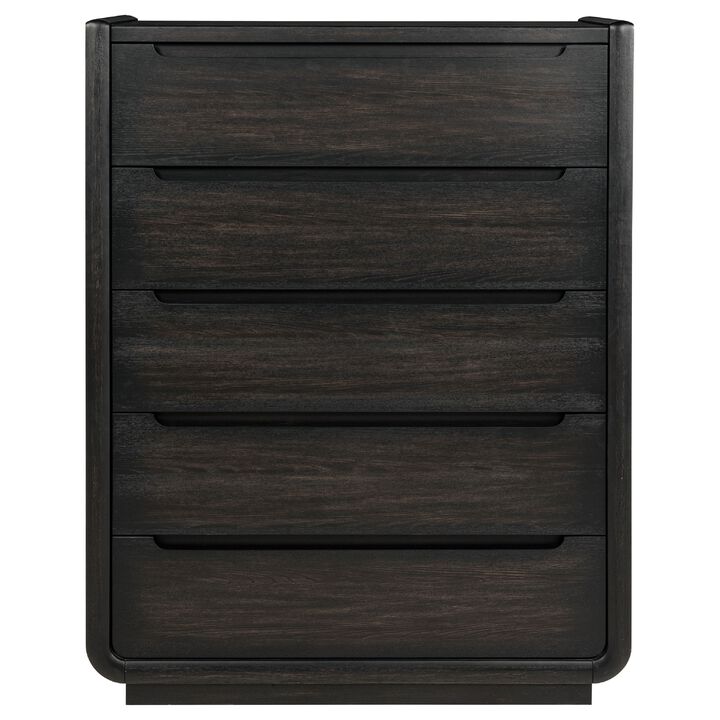 Lina Tall Dresser Chest with 5 Drawers, Integrated Handles, Black Wood