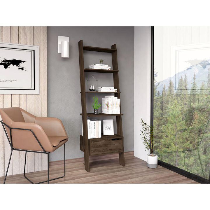 DEPOT E-SHOP Kobe Ladder Bookcase, One Drawer, Five Open Shelves, Four Legs- Dark Walnut, For Living Room