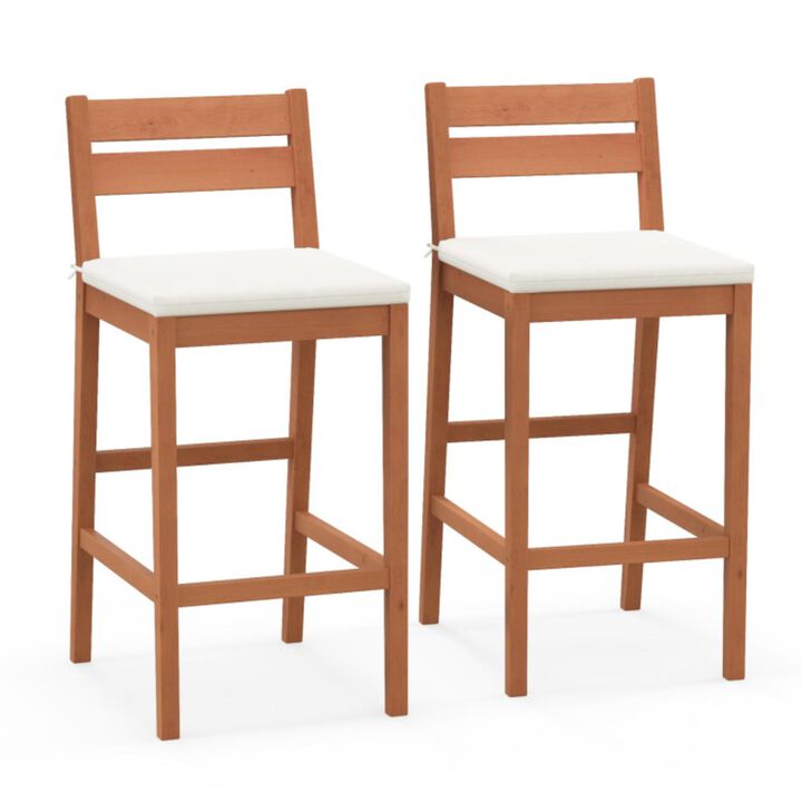 Hivvago Set of 2 Outdoor Wood Barstools with Soft Seat Cushion-Off White