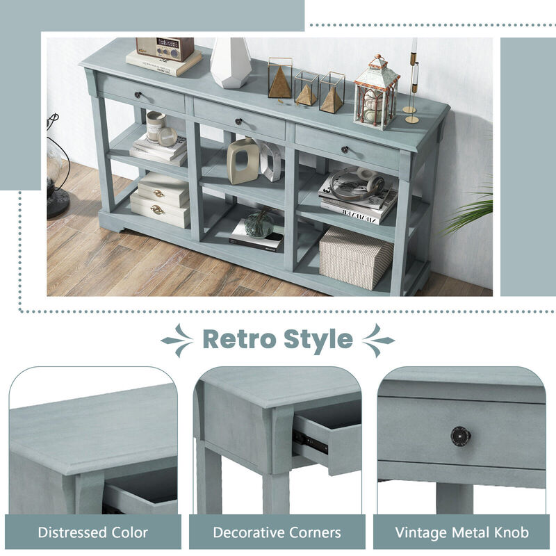 58" Retro Console Table with 3 Drawers and Open Shelves Rectangular Entryway Table-Blue