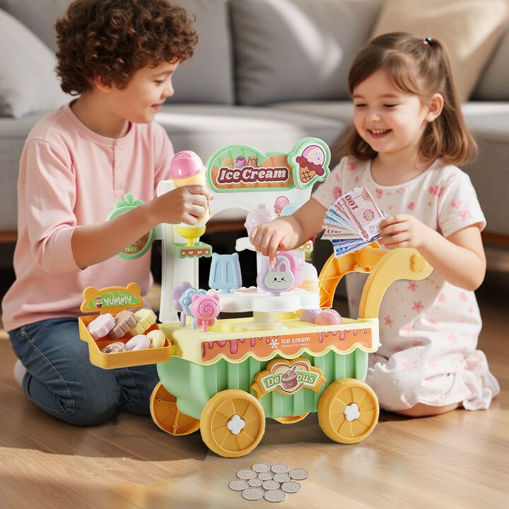 Kids Ice Cream Cart Toy, 27 PCS Pretend Play Store with Lights & Sounds