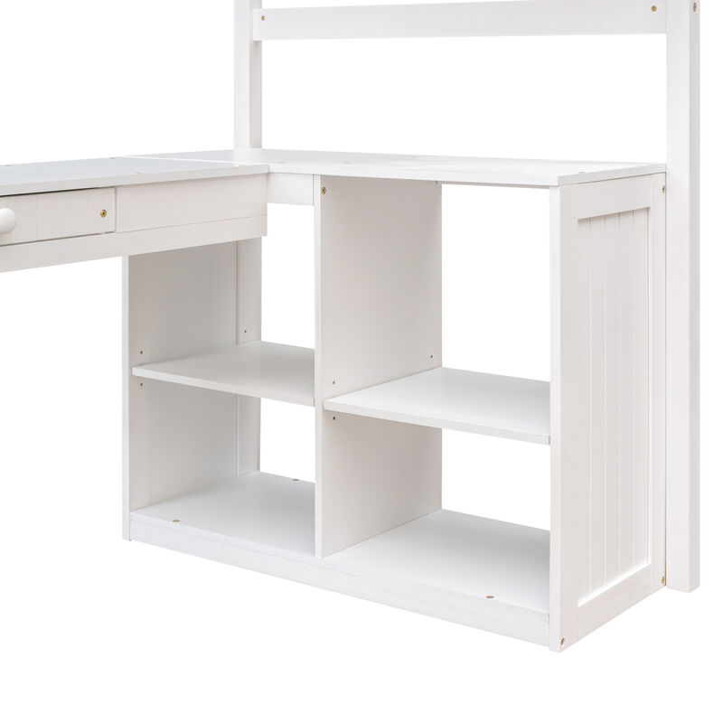 Twin size Loft Bed with Drawers, Cabinet, Shelves and Desk, Wooden Loft Bed with Desk - White image number 6